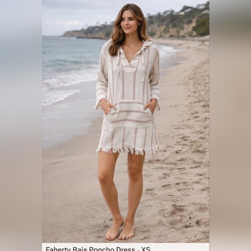 Faherty Baja Poncho Hoodie Dress XS Boho Beach Coverup Frayed Hem Surf Style
